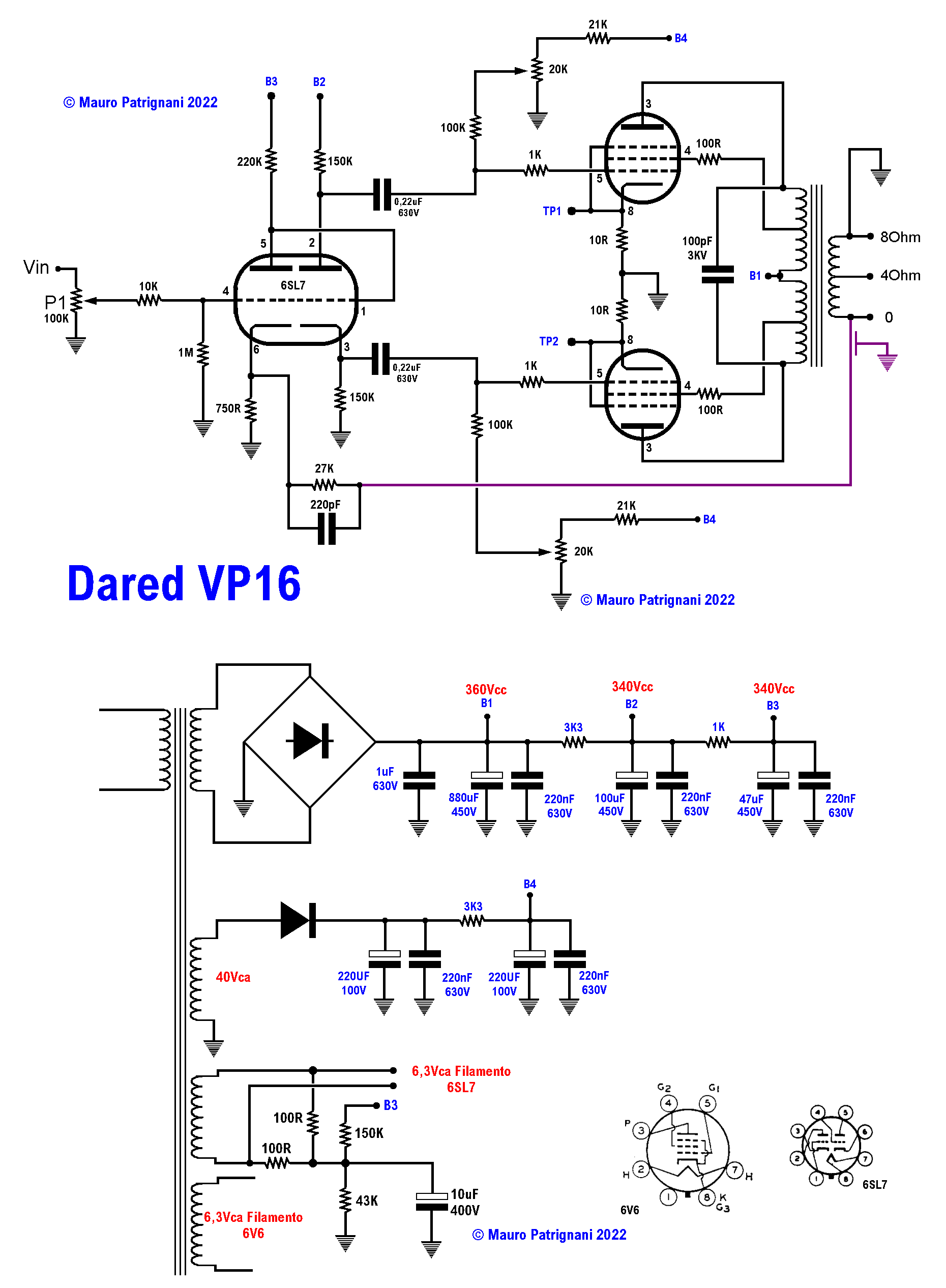 Amplificatore valvolare Dared vp16 - Schema Elettrico modificato