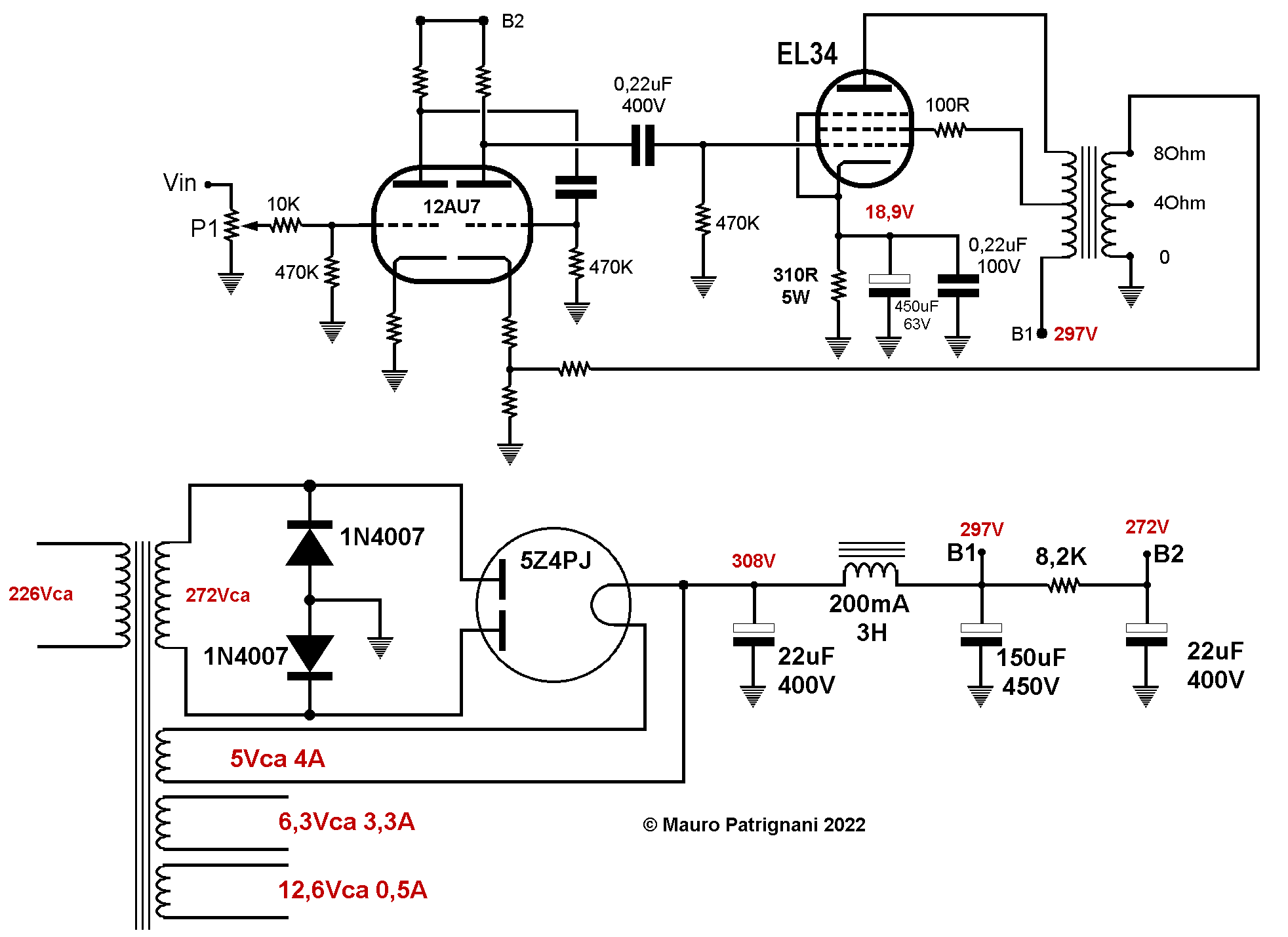 Amplificatore valvolare reisong a10 schema riprogettato con controreazione e doppio stadio di preamplificazione con 12AU7 ECC82