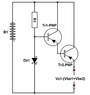 Generatore di tensione di riferimento bufferizzato con due transistor collegati in configurazione darlington collegati in configurazione ad inseguitore di emettitore.