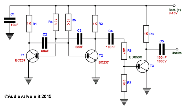 Iniettore di segnali con multivibratore astabile a transistor con uscita bufferata