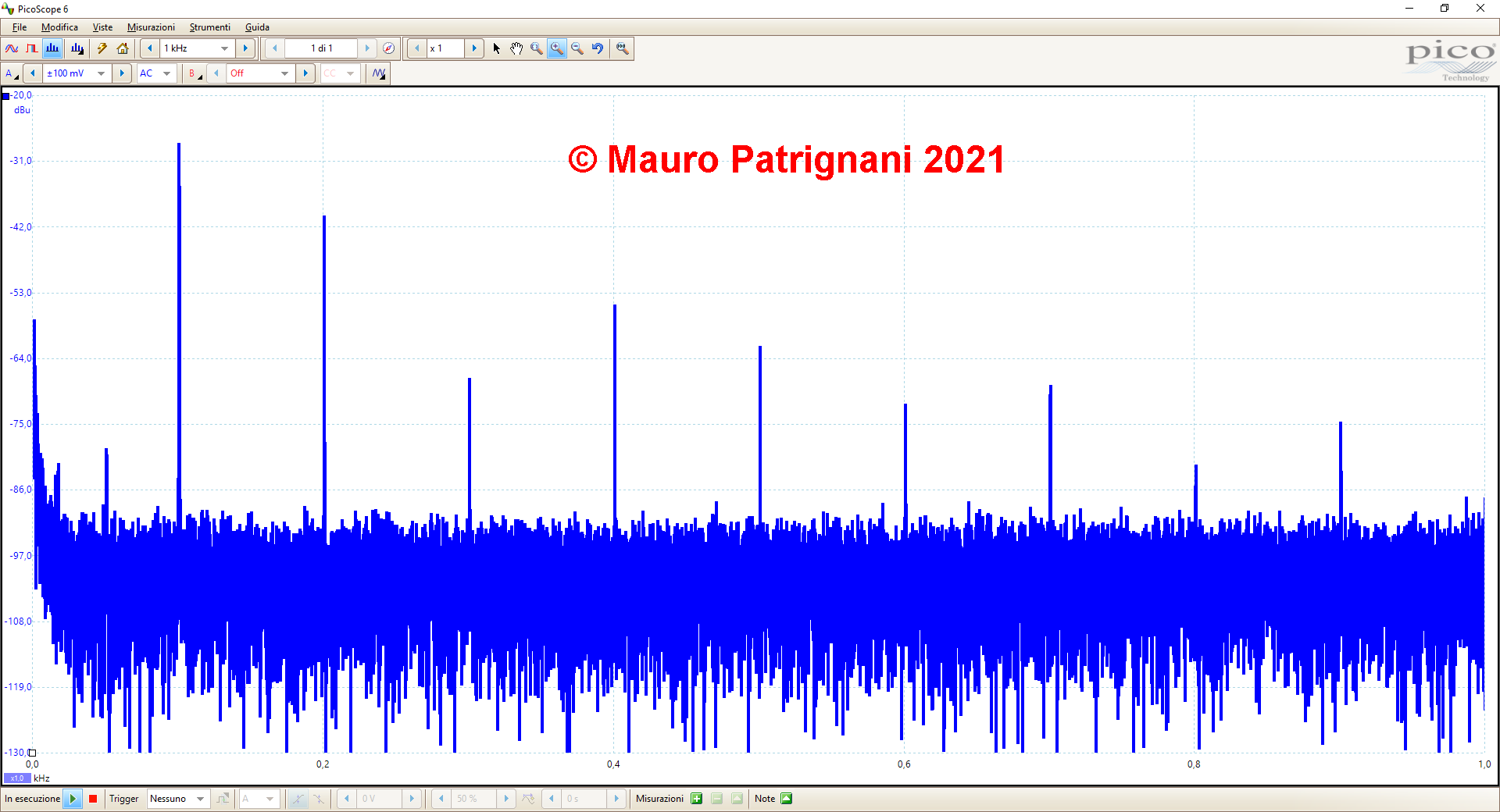 Immagine Spettro frequenze Ripple di un alimentatore classico misurato con oscilloscopio digitale