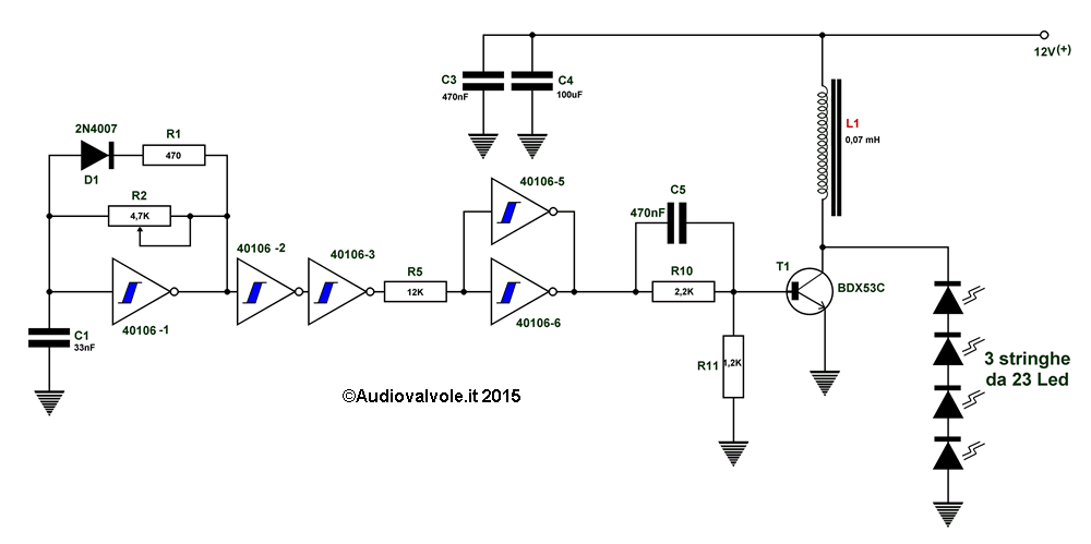 Schema del circuito realizzato per alimentare l'insegna luminosa a led.