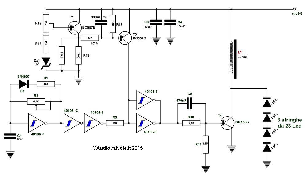 Schema del circuito per lo spegnimento automatico con batteria scarica e con luce piena