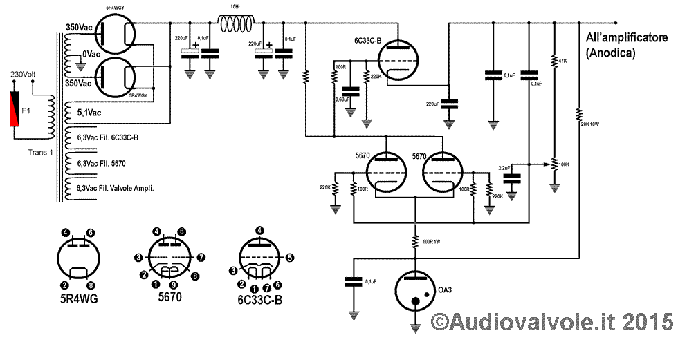 Schema elettrico dell'alimentatore valvolare