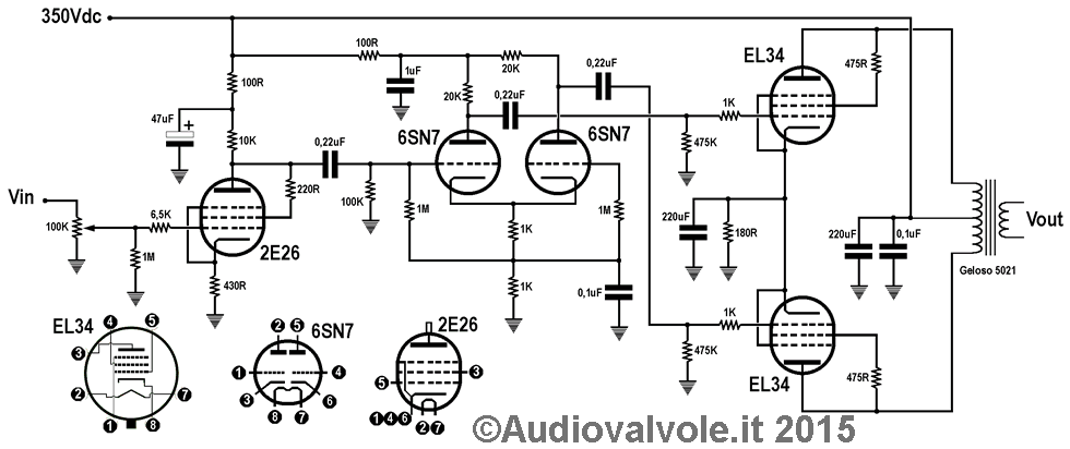 Schema elettrico dell'amplificatore finale a valvole termoioniche (EL34)