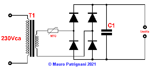 Alimentatore con riduzione della corrente di spunto con NTC