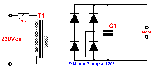 Alimentatore con riduzione della corrente di spunto con NTC