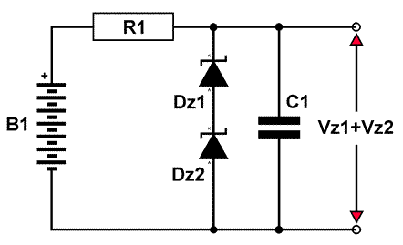 Classico circuito generatore di tensione di riferimento con diodo zener.
