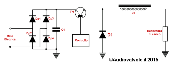 Schema di principio e il funzionamento di un alimentatore switching del tipo step-down 