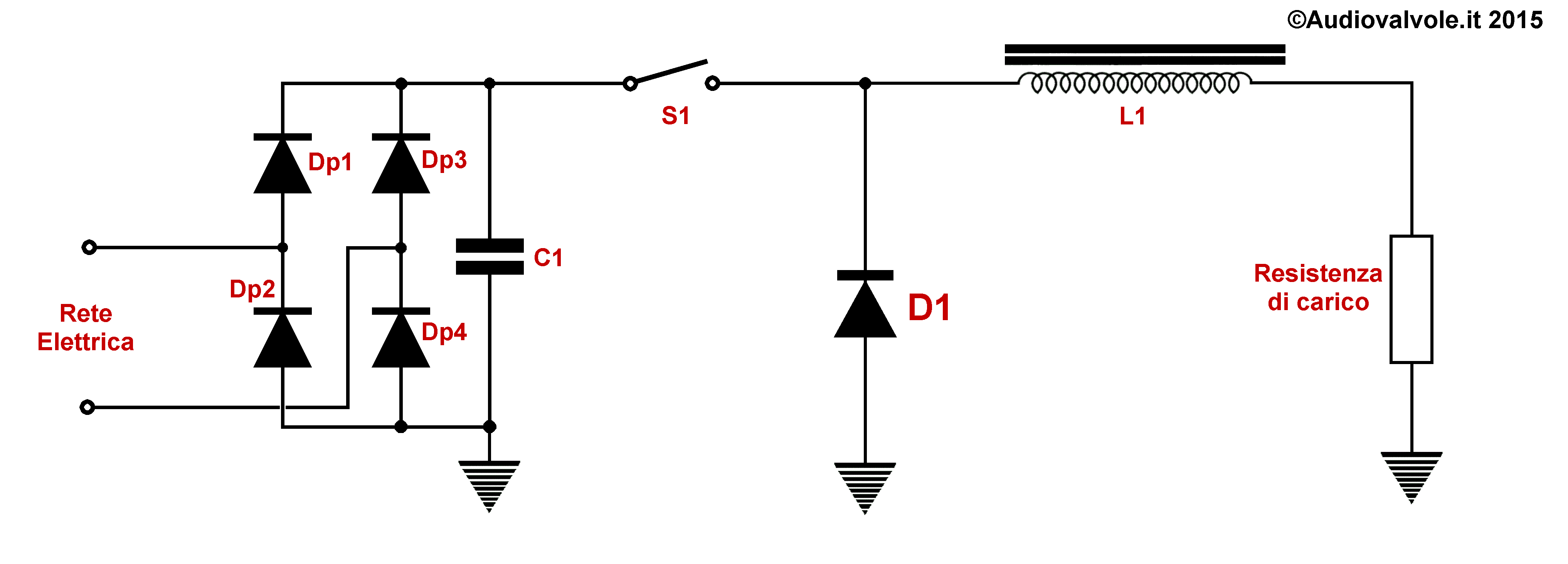 Schema di principio e il funzionamento di un alimentatore switching del tipo step-down 