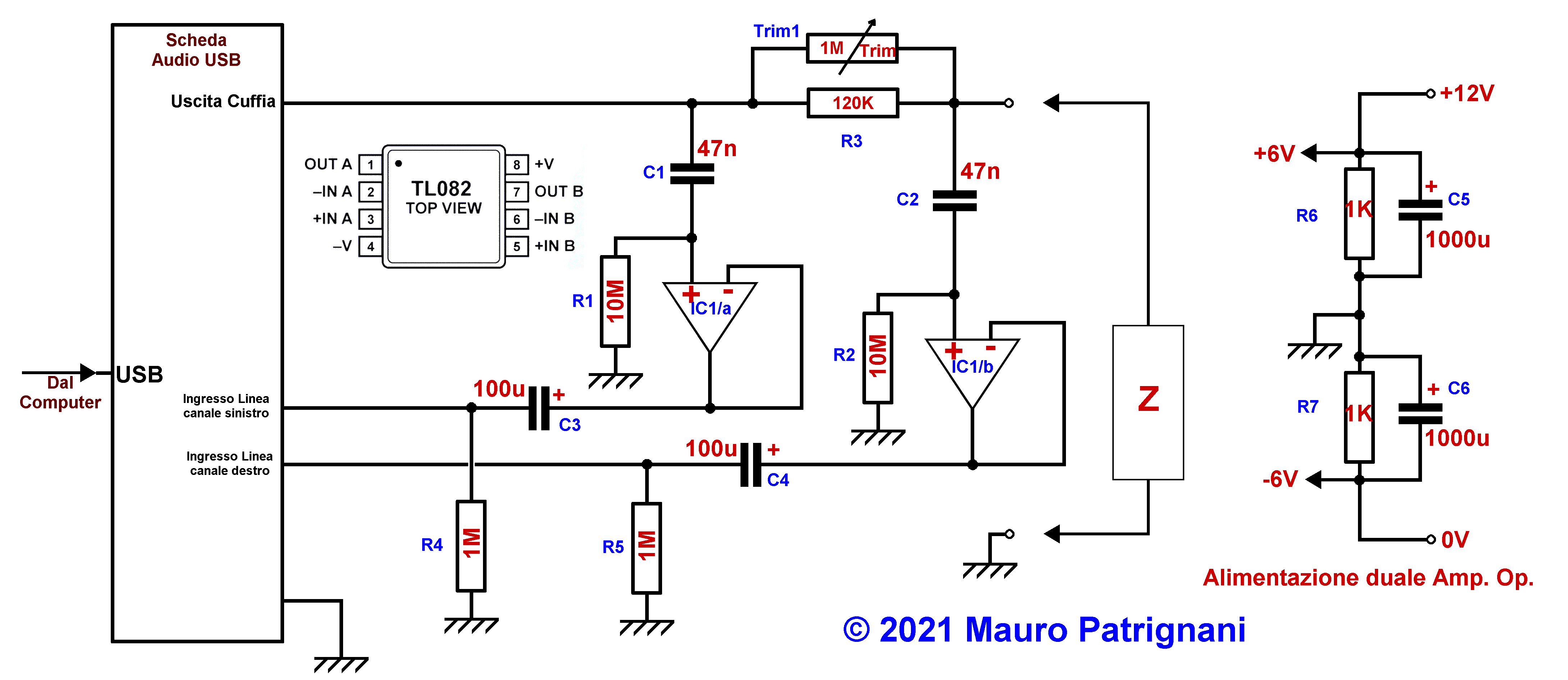 Schema elettrico del misuratore per alte impedenze da abbinare al software Arta Limp