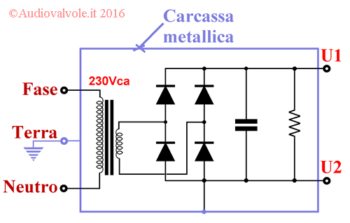 Esempio di alimentatore con uscita a potenziale con riferimento a massa e terra