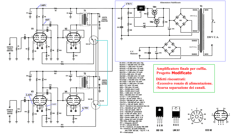 Schema Amplificatore a valvole per cuffia di Nuova Elettronica modificato