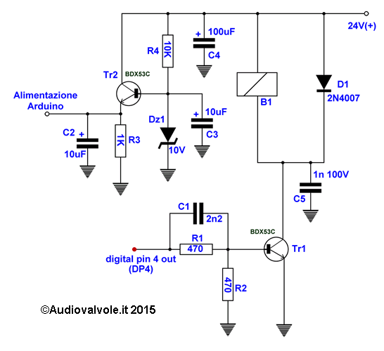 Schema del circuito di azionamento del battacchio e di alimentazione di arduino uno
