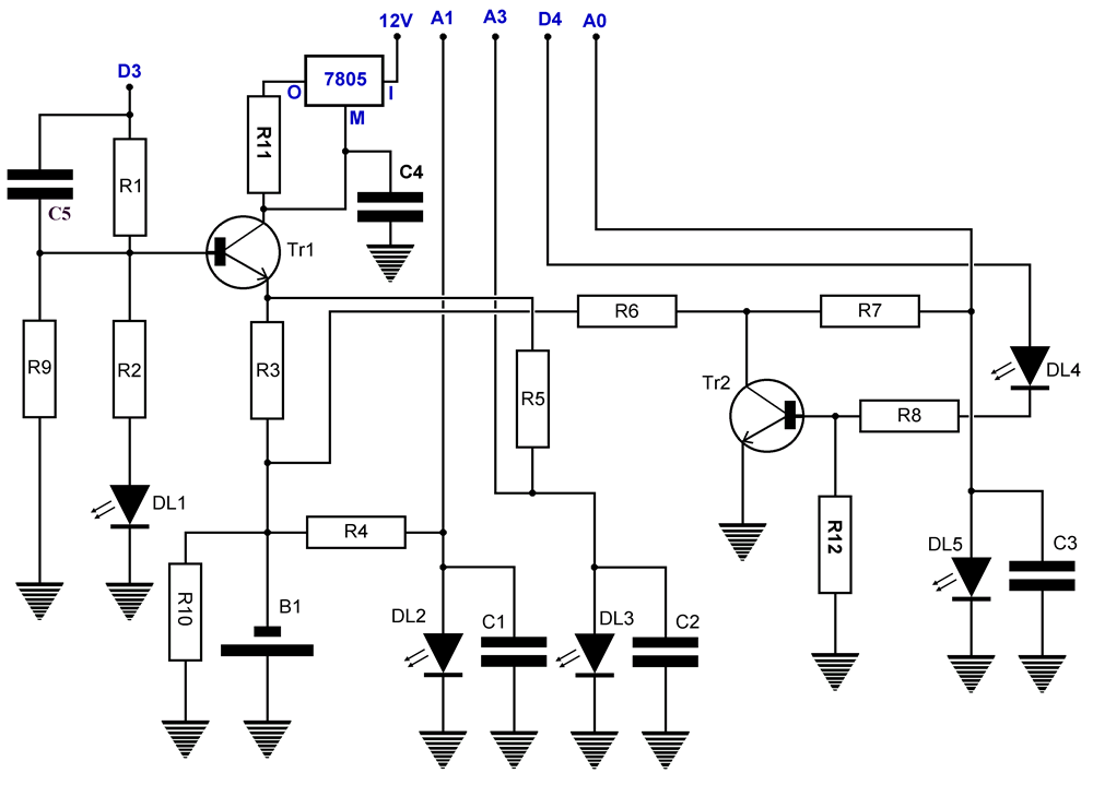 Schema elettrico del circuito di prova e carica delle batterie alcaline con la possibilità di memorizzare via seriale sul computer i dati di carica