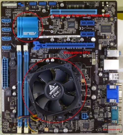 Come potete vedere una scheda madre è affollata da dissipatori di calore sormontati o meno da ventole. In questo caso il dissipatore della CPU e quello del Platform Controller Hub sono in alluminio. La ventola è di tipo assiale. Questa soluzione è quella standard a basso costo, quella più comune nei computer di fascia medio-bassa, mentre in computer di buona qualità è facile trovare sistemi di dissipazione a tubi di calore e nel caso di computer per gioco anche raffreddamento ad acqua.